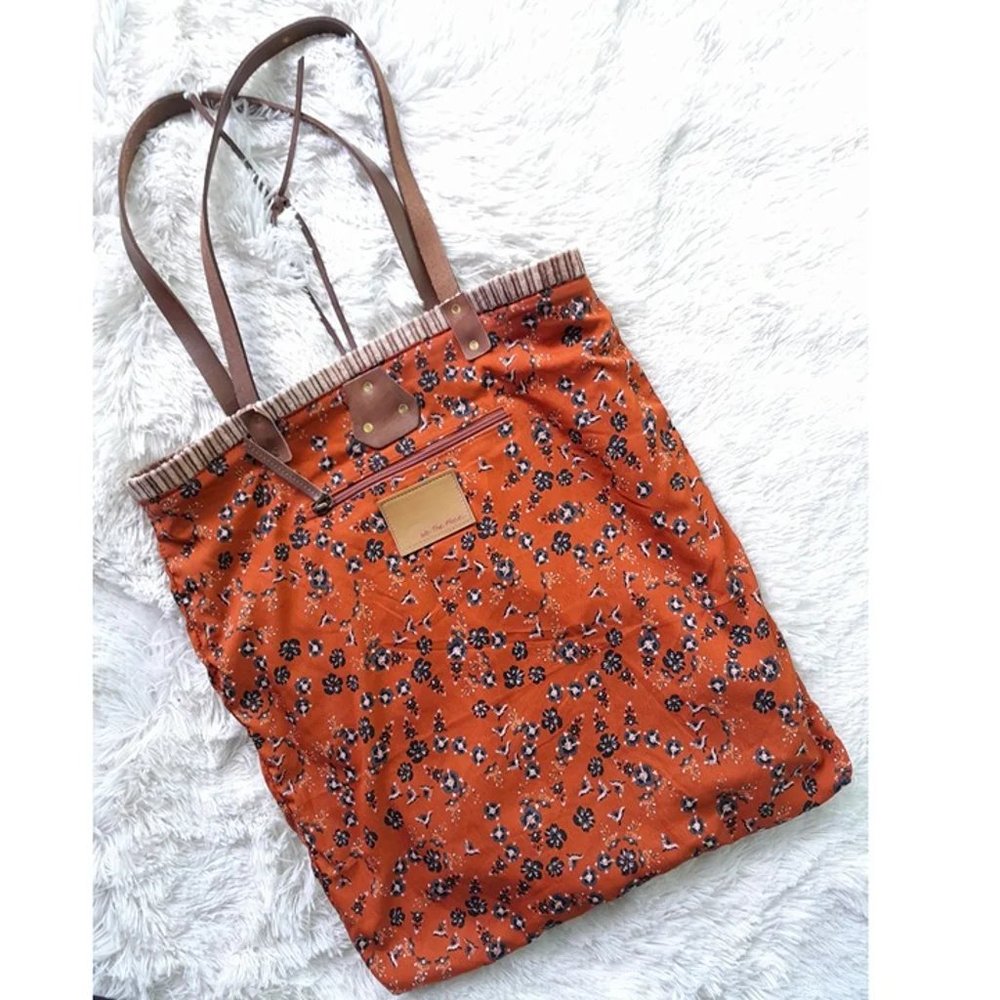 We the Free large light brown corduroy shoulder bag orange floral lining 16x17